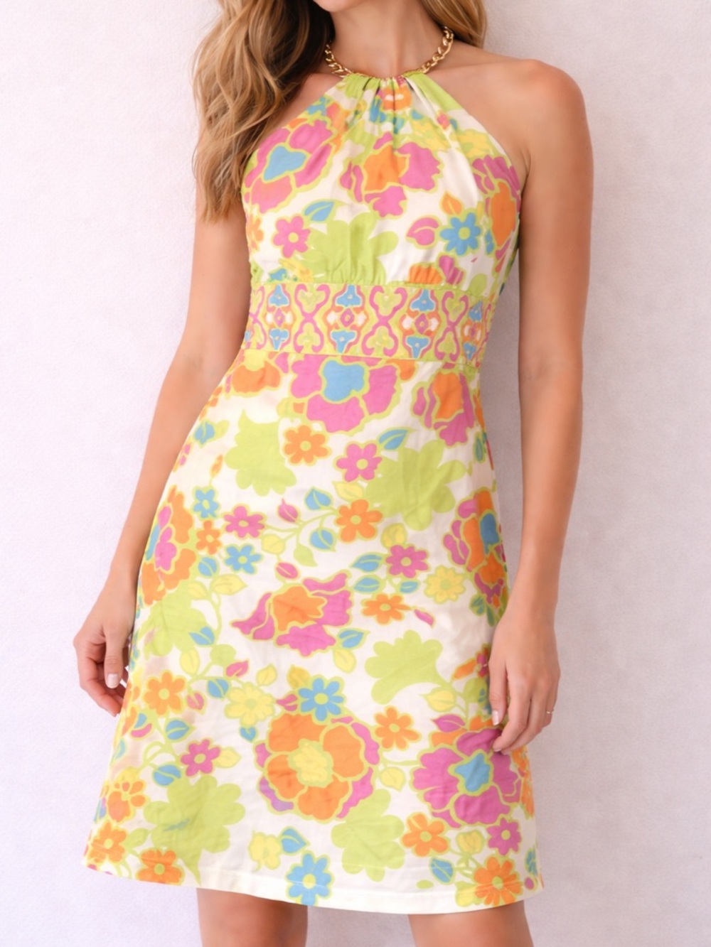 Milly Floral Halter Dress Gold Chain Neck White Multicolor Summer Resort Size 2